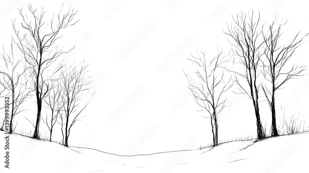 Fototapeta premium Bare Trees on Snowy Landscape Sketch