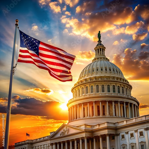 american flag united states capitol building at night photo