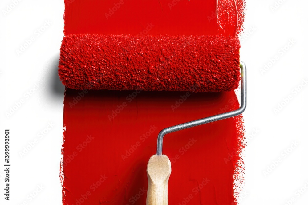 Obraz premium Paint roller applying vivid red paint on white background