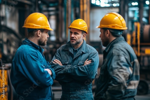 Content manual workers chatting while collaborating at a metal production facility