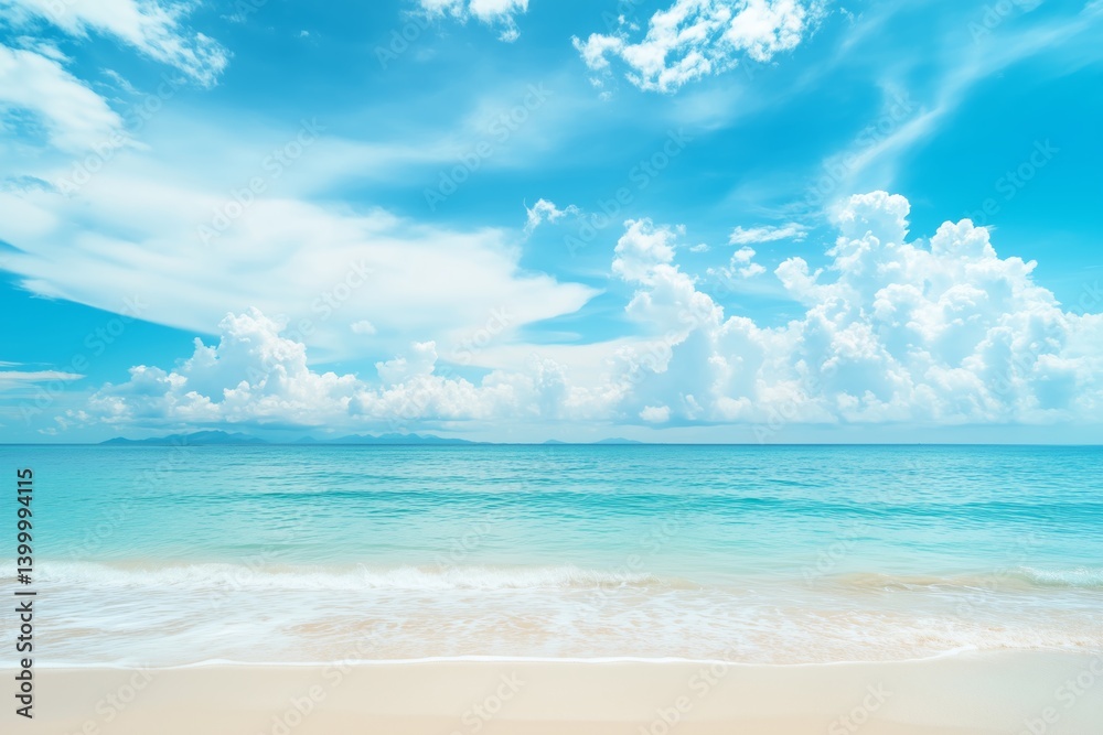 Tropical paradise beach under a vibrant blue sky with fluffy clouds extending across the horizon perfect for a vacation backdrop Tropical paradise beach under a vibrant blue sky with fluffy clouds extending across the horizon perfect for a vacation backdrop