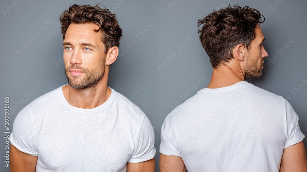 A man with curly hair in a white shirt, looks to his right side in studio shot A man with curly hair in a white shirt, looks to his right side in studio shot