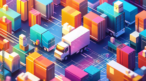 digital ilustration of logistics trucks in bright colurs
