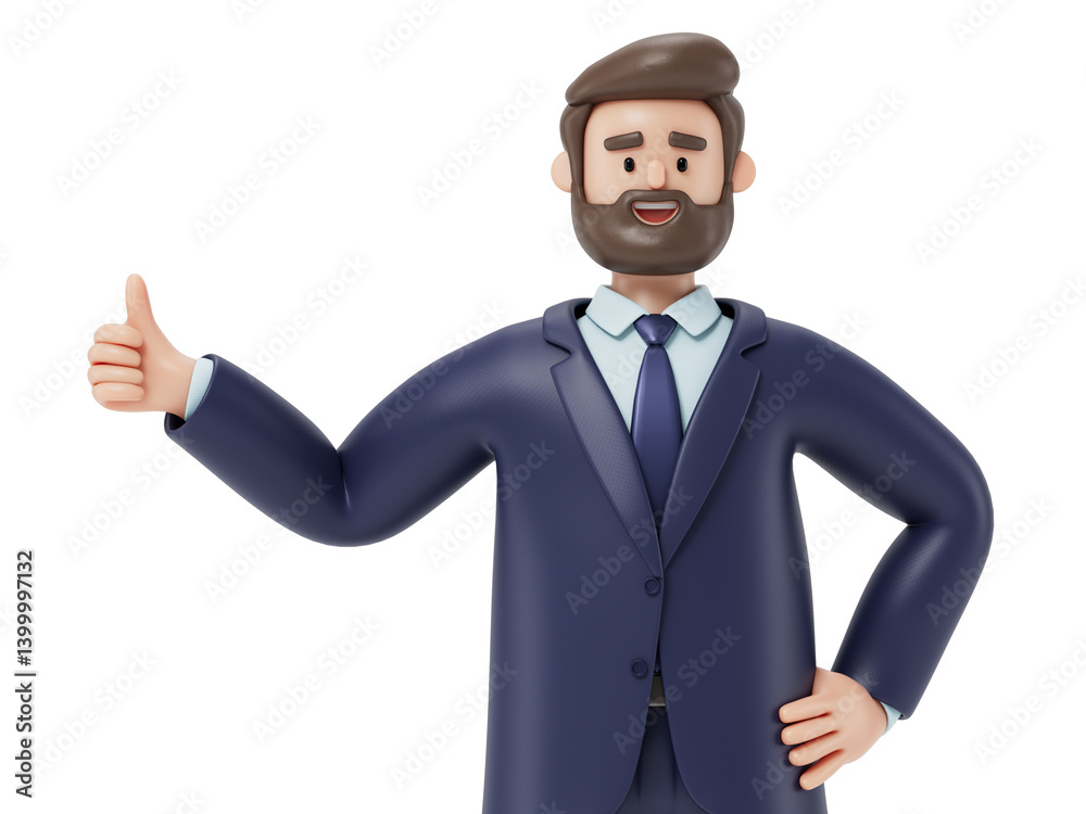 Man in business attire giving a thumbs up, symbolizing approval or success. 3d rendering, conceptual image. Isolated on white background. Man in business attire giving a thumbs up, symbolizing approval or success. 3d rendering, conceptual image. Isolated on white background.