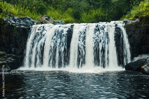Beautiful cascading waterfall surrounded by lush greenery in a tranquil forest setting