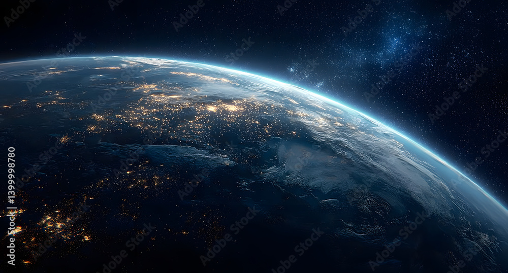 Obraz premium Earth planet in deep space. Outer dark space wallpaper. Night on planet with cities lights. Surface of Earth. Sphere.&nbsp;
