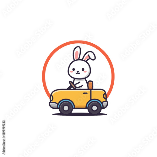 Cute Cartoon Rabbit Driving a Yellow Car