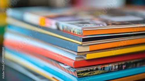 Stacked catalogs on a table, showcasing vibrant print materials for marketing