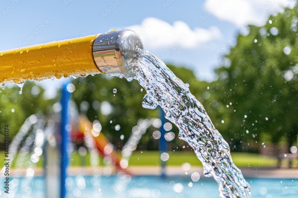 Outdoor water stream shooting from yellow hose in park splash pad with playground blurred in background under sunny blue sky in mid-range perspective