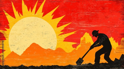 Silhouette of Worker with Shovel at Sunset, Warm Color Palette, Textured Background