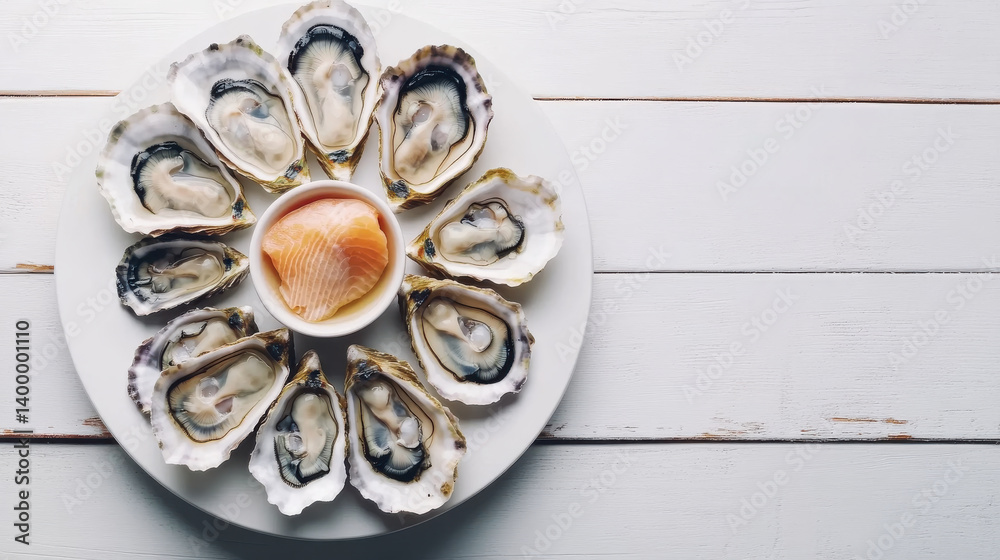 A platter displays freshly shucked oysters arranged beautifully around a small bowl filled with dipping sauce. The setting suggests a coastal dining experience, perfect for seafood enthusiasts.Copy sp A platter displays freshly shucked oysters arranged beautifully around a small bowl filled with dipping sauce. The setting suggests a coastal dining experience, perfect for seafood enthusiasts.Copy sp