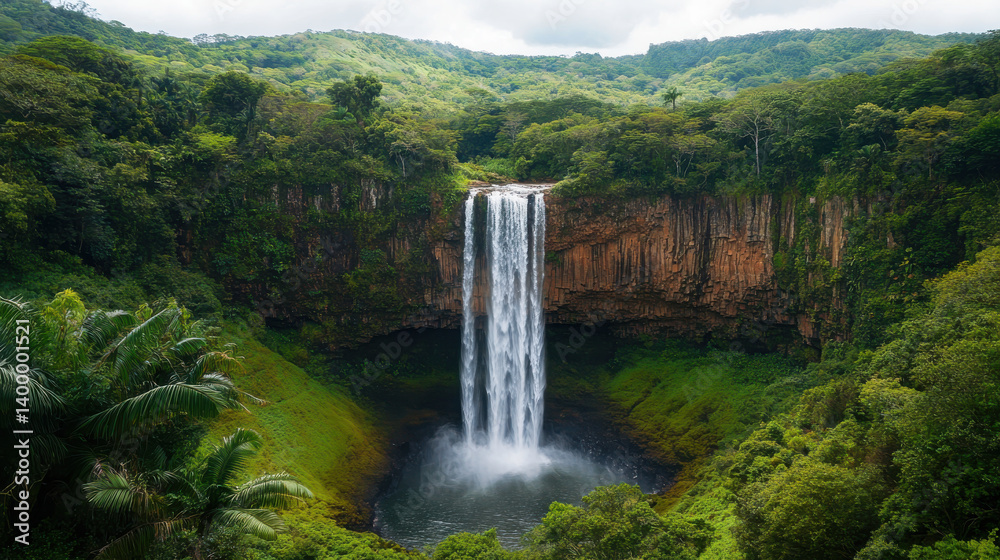 A stunning waterfall flows gracefully into a serene pool, framed by dense, lush greenery and trees. The sunlight illuminates the vibrant landscape, creating a peaceful atmosphere A stunning waterfall flows gracefully into a serene pool, framed by dense, lush greenery and trees. The sunlight illuminates the vibrant landscape, creating a peaceful atmosphere