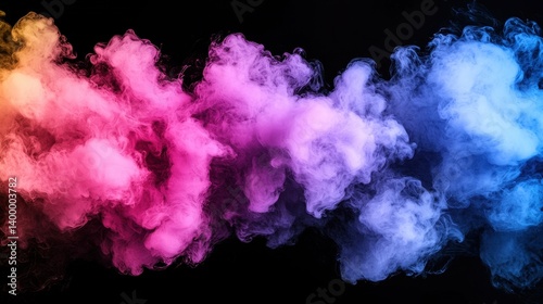 Colorful smoke swirls against a dark background.