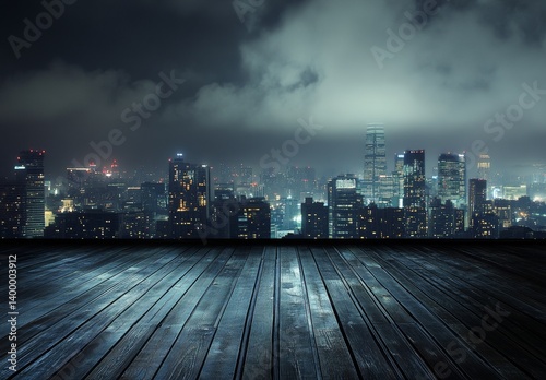 Dark city skyline at night  wooden platform
