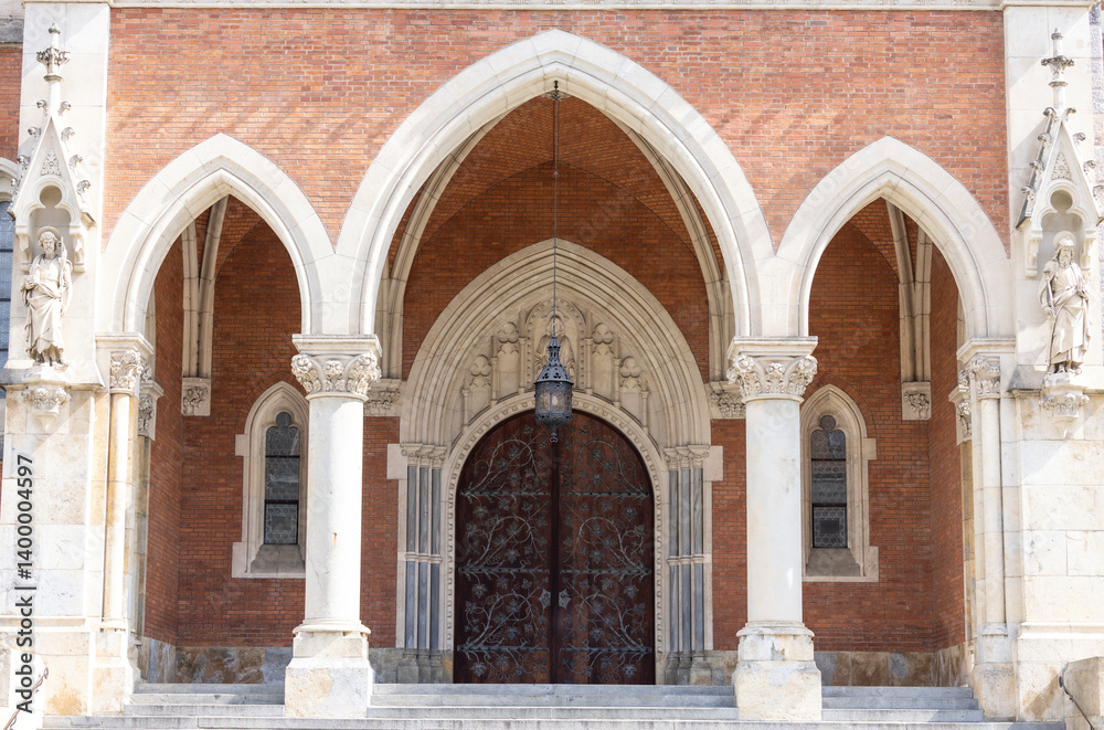 Entrance of the famous new Gothic Heart of Jesus Church in the Styrian City of Graz in Austria