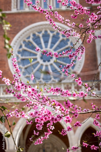 Springtime in Graz. In the background the famous new Gothic Heart of Jesus Church in the Styrian City of Graz in Austria
