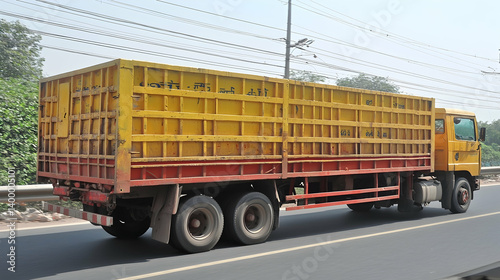 Yellow cargo truck driving on highway, city background, logistics transportation