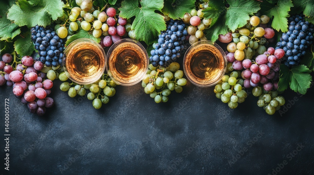 Fototapeta premium Fresh Grapes and Rosé Wine Glasses Against a Dark Background