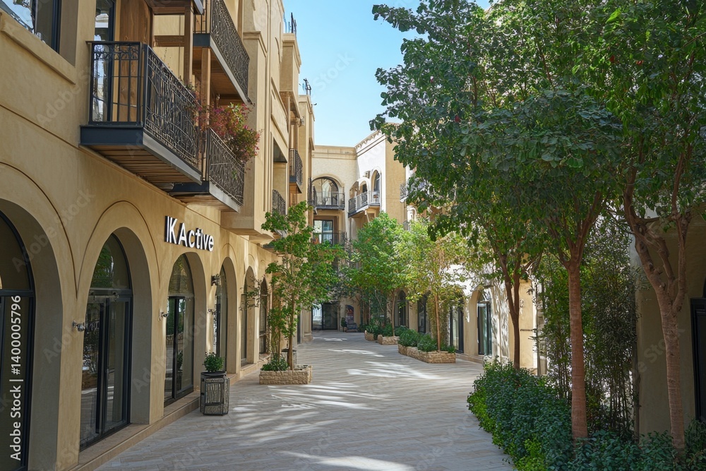Sunny pedestrian alleyway with shops and apartments. Lush greenery lines the walkways Sunny pedestrian alleyway with shops and apartments. Lush greenery lines the walkways
