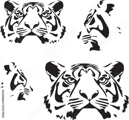 Tiger Head Silhouette Set – Black and White Vector Line Art