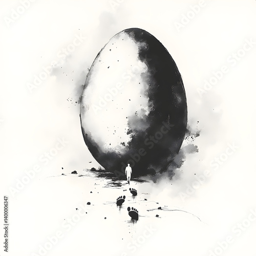 Surreal ink wash logo with giant black egg and tiny human walking away leaving small footprints