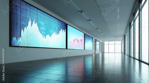 Modern Business Presentation Room with Projected Data Charts