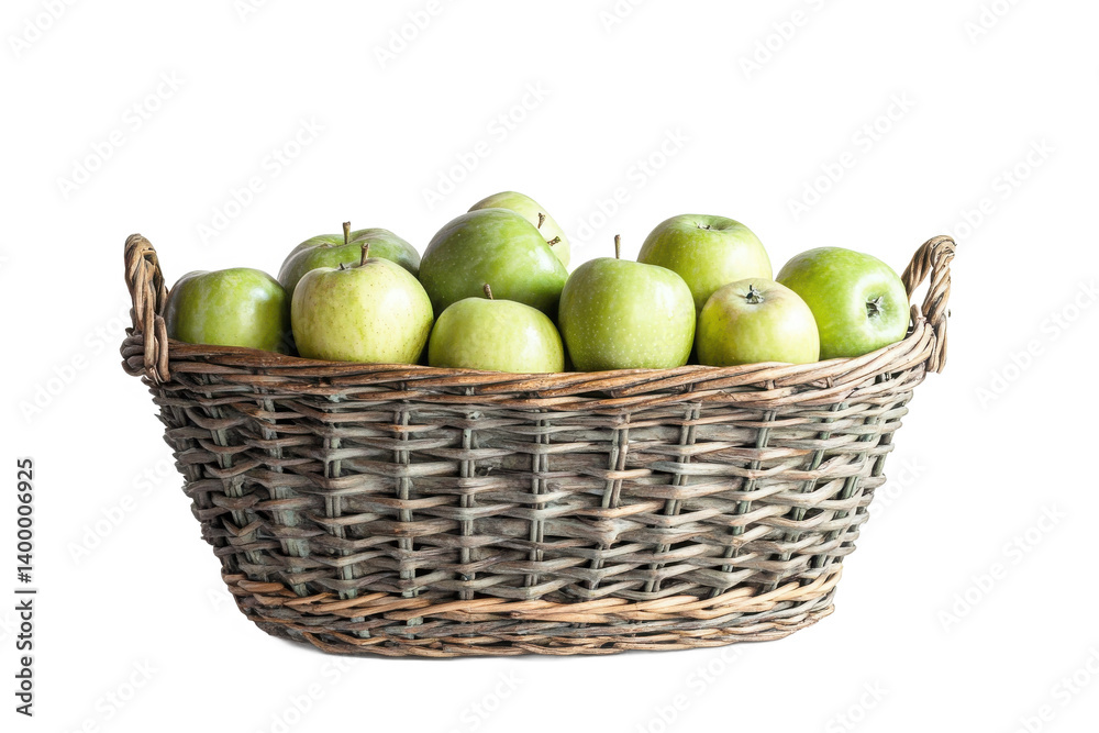 A basket overflowing with fresh green apples on a dark setting A basket overflowing with fresh green apples on a dark setting