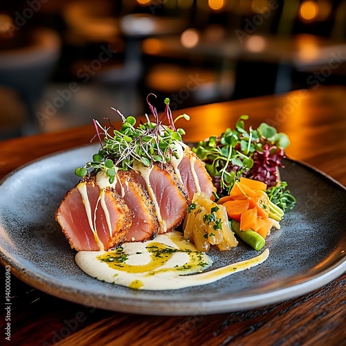 Grilled and smoked salmon served with fresh vegetables and salad on a plate
