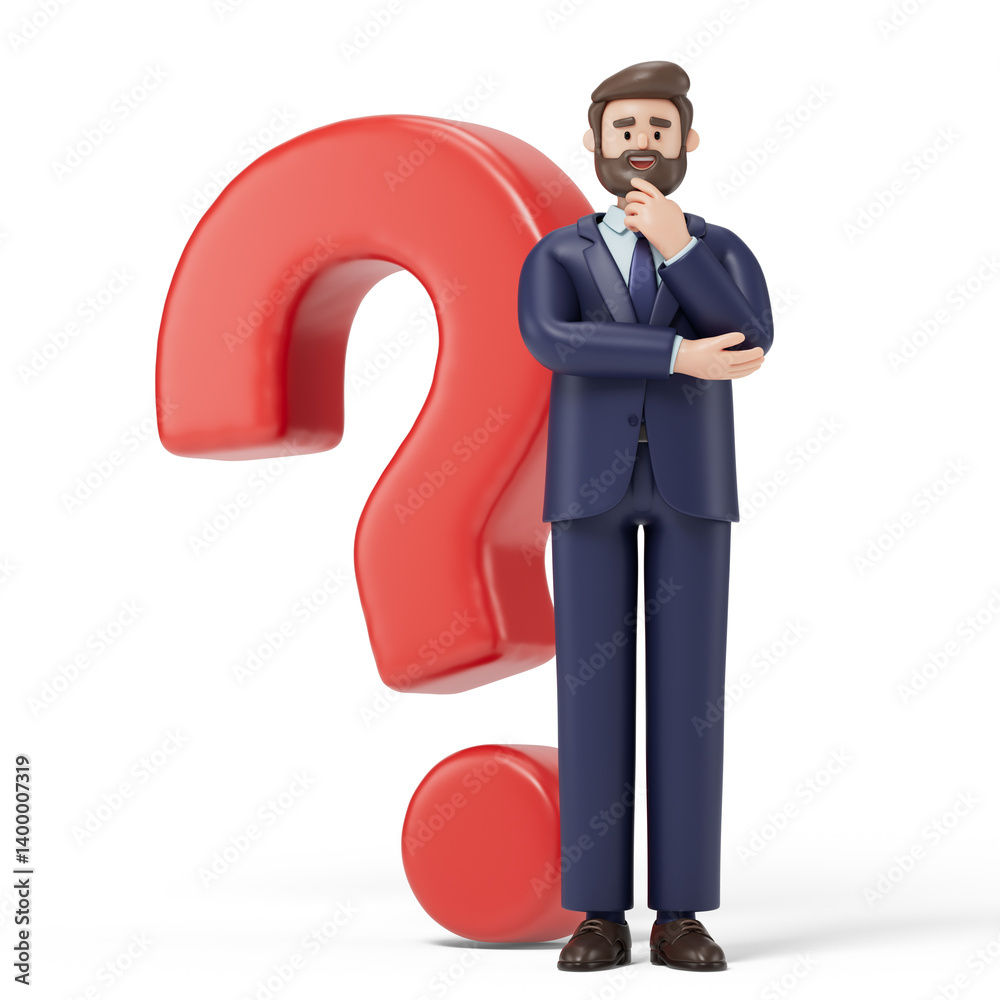 A man stands thoughtfully beside a large question mark, symbolizing doubt or inquiry. 3D rendering, conceptual image. Isolated on white background. A man stands thoughtfully beside a large question mark, symbolizing doubt or inquiry. 3D rendering, conceptual image. Isolated on white background.