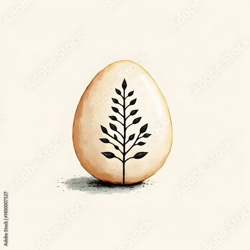 Minimalist ink wash logo of an egg with elegant floral leaf pattern, natural and artistic modern design