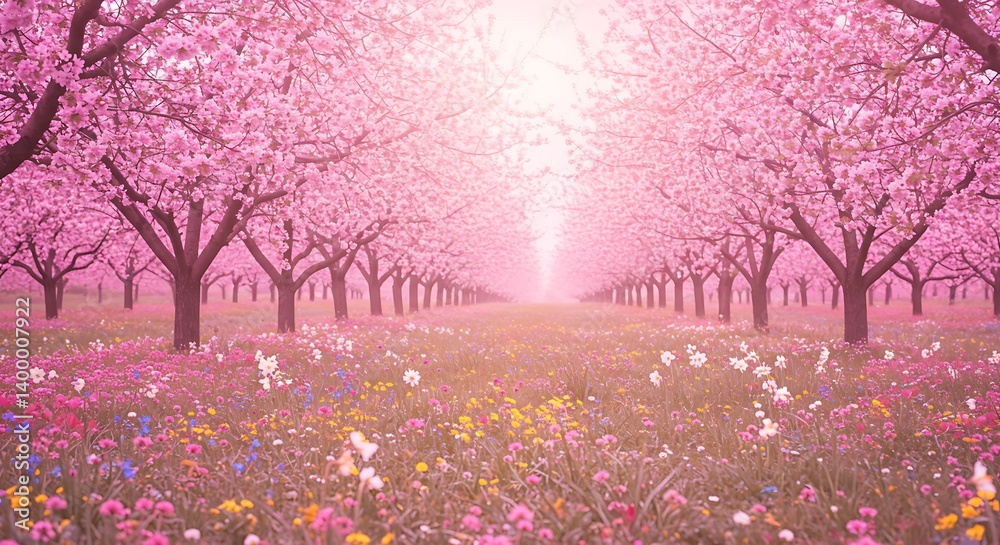 Naklejka premium Pink Blossom Path to Light AI Generated