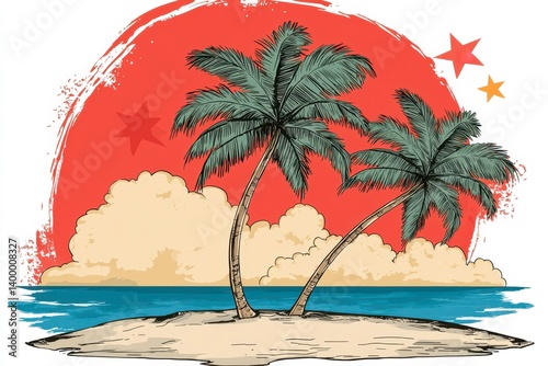 Tropical Island Sunset Palm Trees and Turquoise Ocean Illustration