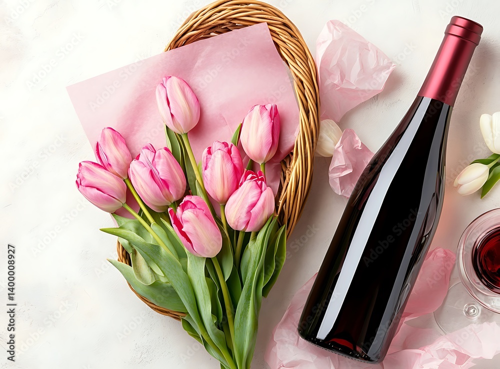 custom made wallpaper toronto digitalWine bottle, basket with tulips, and pink tissue paper in the center on a light background, top view