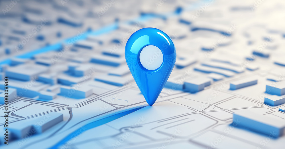 Fototapeta premium 3D blue location pin icon stands prominently on white map background, symbolizing navigation and direction. map features abstract buildings and roads, creating modern look