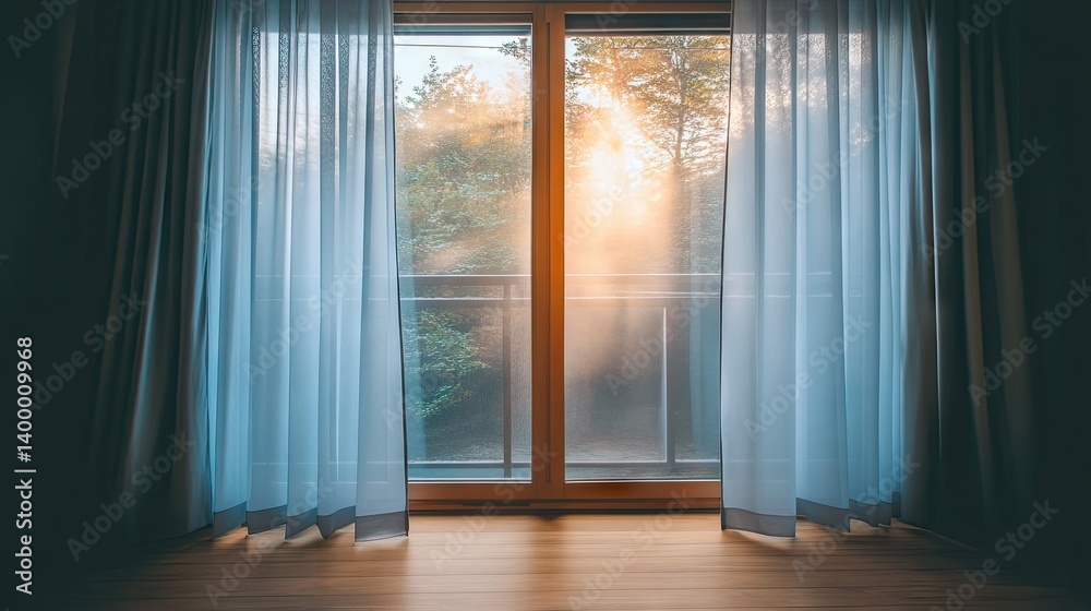 Fototapeta premium Heavy curtains fully drawn across a large window, blocking cold air from entering