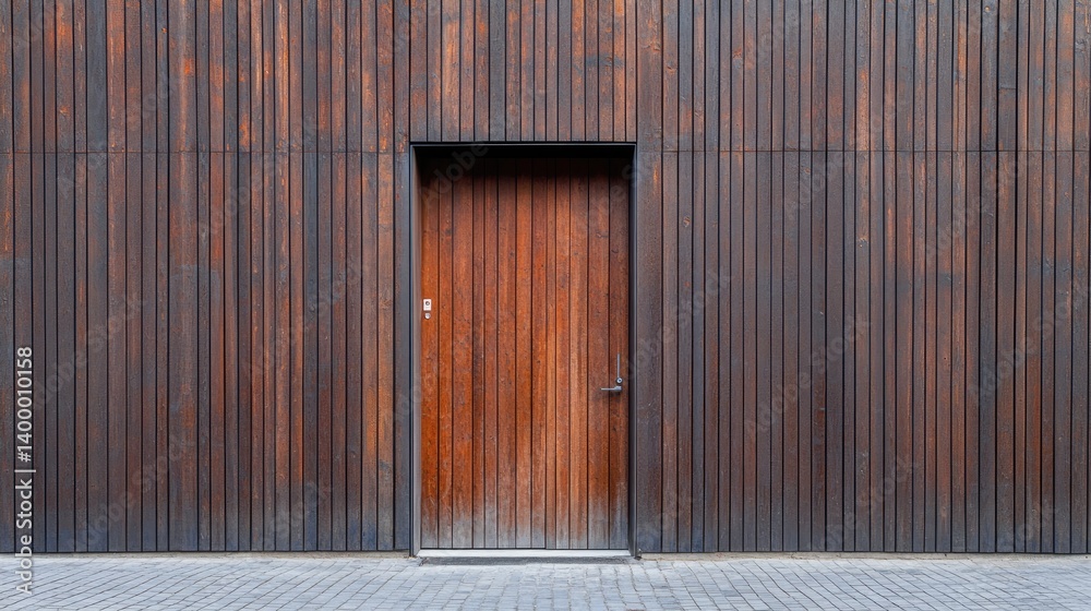 House entrance covered by wooden slat door blending into the faade House entrance covered by wooden slat door blending into the faade