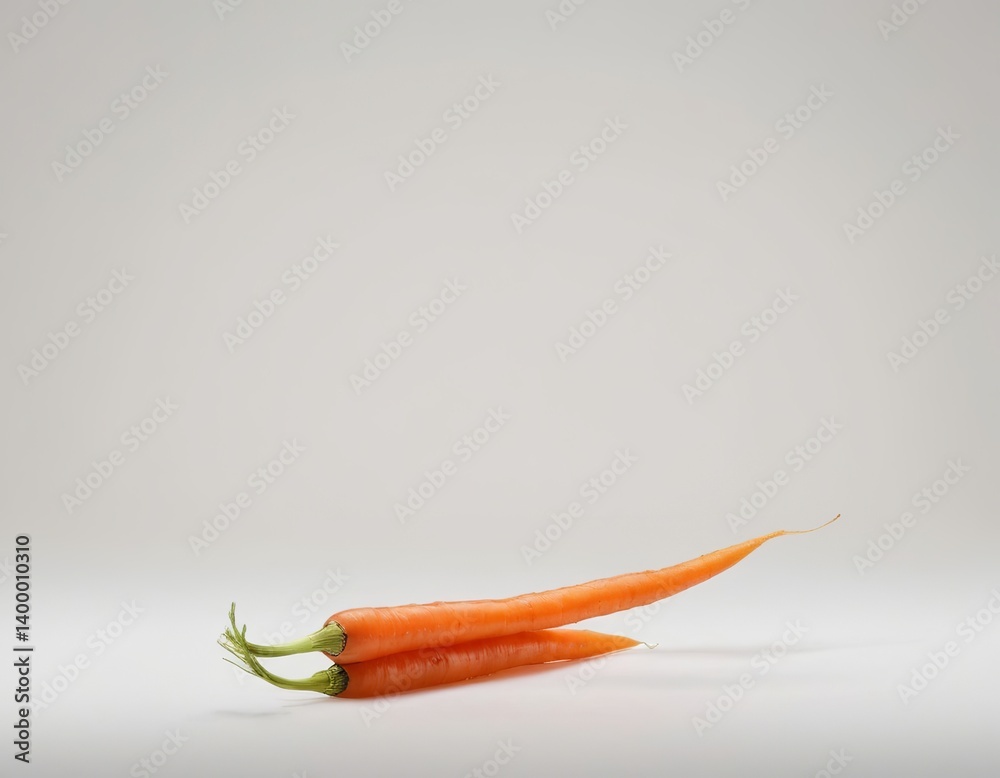 Two fresh orange carrots with green tops, arranged artistically on a minimalist background, showcasing their natural beauty. Two fresh orange carrots with green tops, arranged artistically on a minimalist background, showcasing their natural beauty.