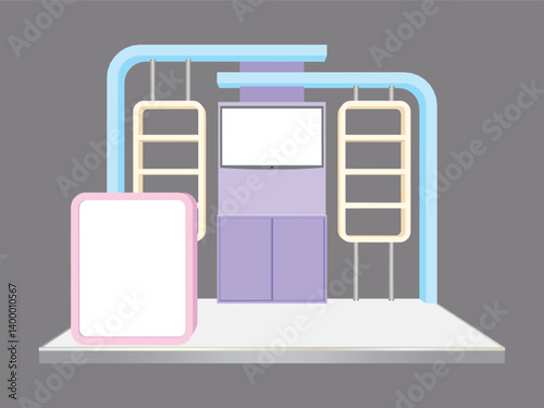 3d illustration stand booth 3x3 m simple minimalis design with blank LED TV screen logo company for event exhibition. Vector editable sketch outline drawing coloring isolated background.