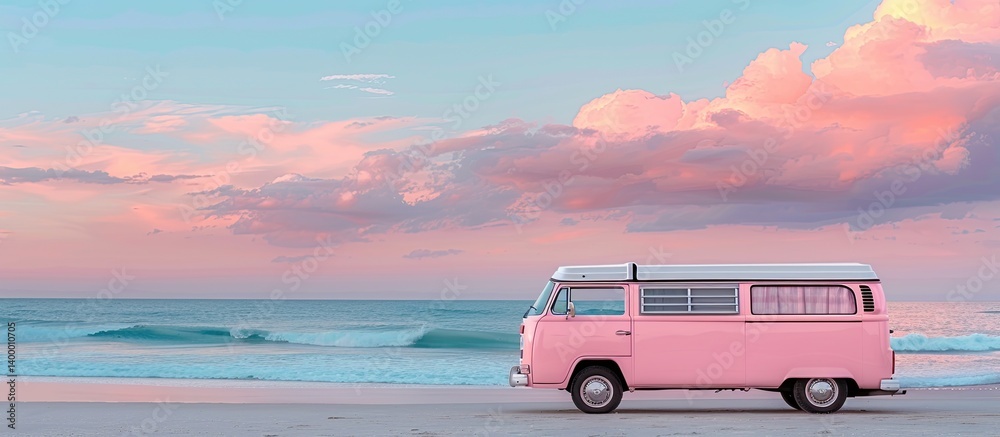 Fototapeta premium Retro Pink Van on a Tropical Beach at Sunset evokes Dreamy Vintage Vibes in Soft Pastel Aesthetic Stock Style.