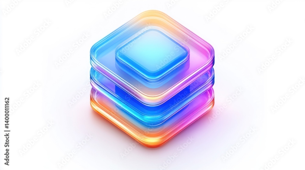 A stack of vibrant, translucent squares with glowing edges. A stack of vibrant, translucent squares with glowing edges.