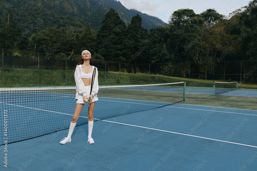 Obraz premium Stylish young model on a tennis court, showcasing athletic wear and a joyful expression in a lush green setting Perfect for sports and fitness themes
