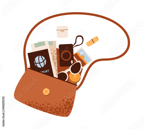 Flat vector illustration of travel essentials, passport, bag, and camera. Travel, journey, and vacation concept.