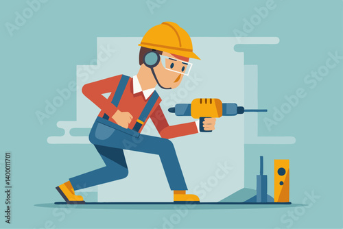 Flat vector illustration of worker using jackhammer and wearing ear protection and hard hat