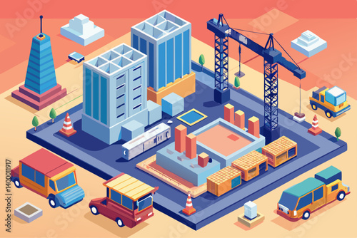 Isometric vector of a modern construction site with unfinished buildings, cranes, and heavy machinery