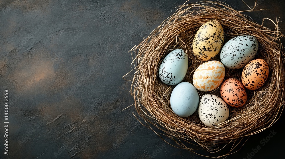 Obraz premium Colorful speckled eggs nestled in a rustic bird's nest on a dark surface.