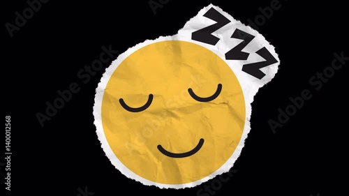 Yellow smiley face with closed eyes and a crumpled note that says zzz above it. Suitable for sleeprelated concepts and relaxation illustrations.