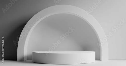 minimalist white stage podium with semi circular arch creates modern and elegant display. clean lines and neutral tones evoke sense of calm and sophistication
