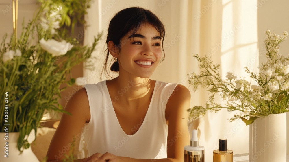 Korean model in white top softly smiling while interacting with skincare product in minimal setup. Korean model in white top softly smiling while interacting with skincare product in minimal setup.