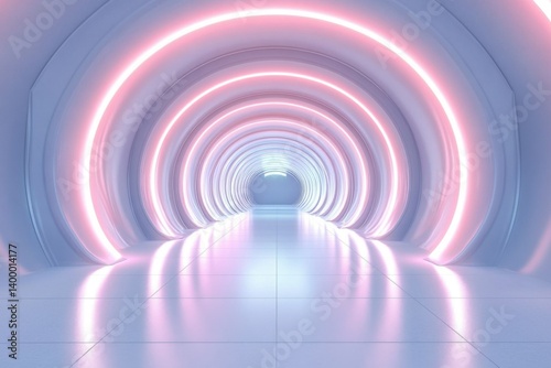 Fototapeta Naklejka Na Ścianę i Meble -  stock photo features a futuristic- empty 3D room with a white background- neon lighting- and a modern interior design- creating a sleek and abstract space technology tunnel stage