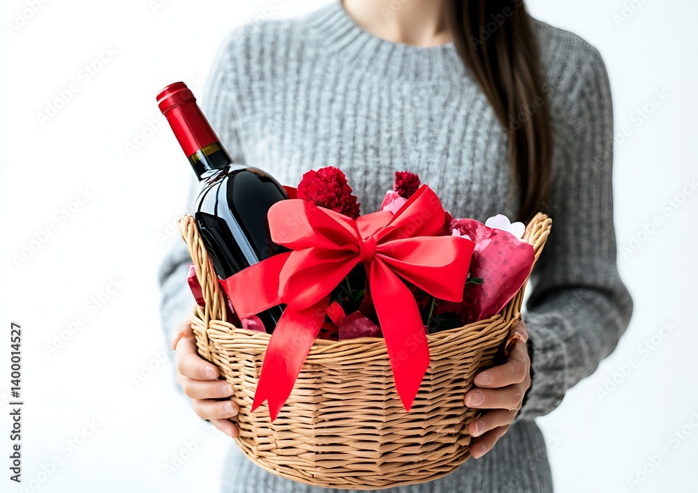 custom made wallpaper toronto digitalWoman holding a gift basket with a red ribbon bow, flowers, and a bottle of wine for Valentine's Day, isolated on a white background